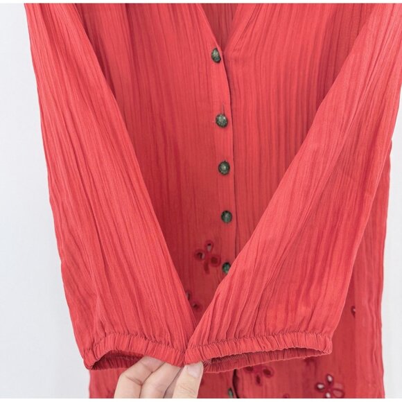Couture Vers Yours Women's Red Embroidered Long Sleeve Tunic Blouse Sz L/11 Boho - Picture 6 of 10